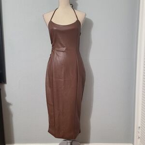 Meshki Siobhan Cut Out‎ Faux Leather Chocolate Brown Midi Dress NWT Size Med